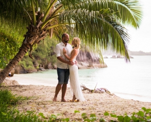 Hochzeitsfotos La Digue Brautpaar unter Palmen Hochzeitsfotos La Digue Brautpaar unter Palmen