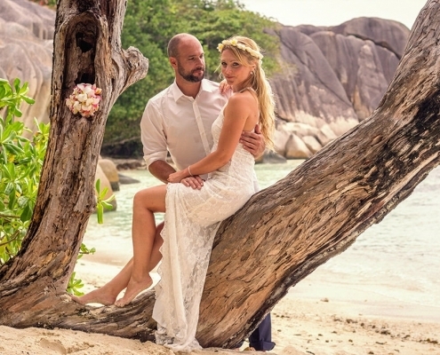 Seychellen Hochzeitsfoto posiert unter Bäumen Seychellen Hochzeitsfoto posiert unter Bäumen