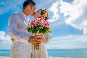 Strandhochzeit Bel Ombre tropisher Brautstrauss Strandhochzeit Bel Ombre tropisher Brautstrauss